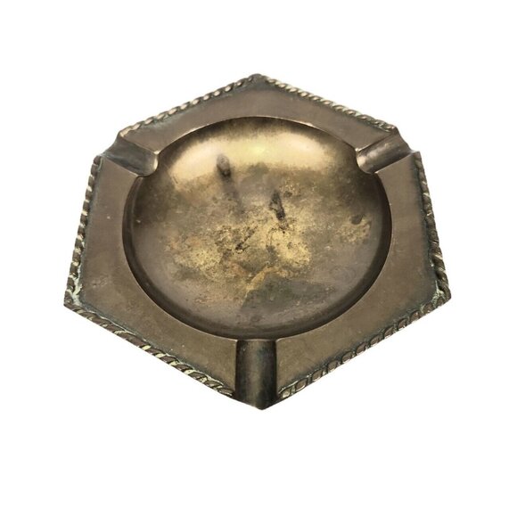 Vintage Solid Brass Ashtray Trinket Coin Tray Dish Retro Decor Rope India Patina - Picture 2 of 12